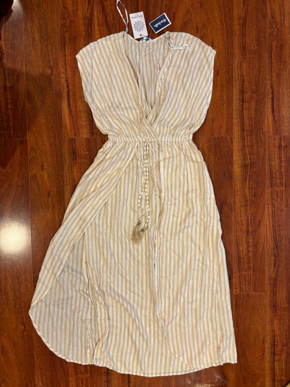 blue island Cream and White Striped Sleeveless Midi Dress